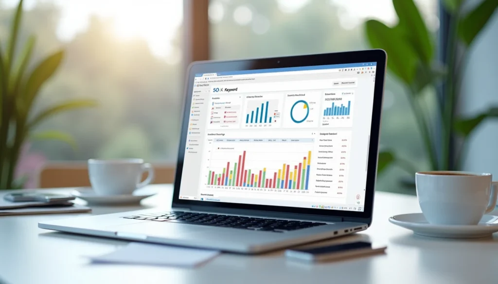 Anahtar kelime araştırması araçlarıyla SEO analizi yapan profesyonel çalışma alanı